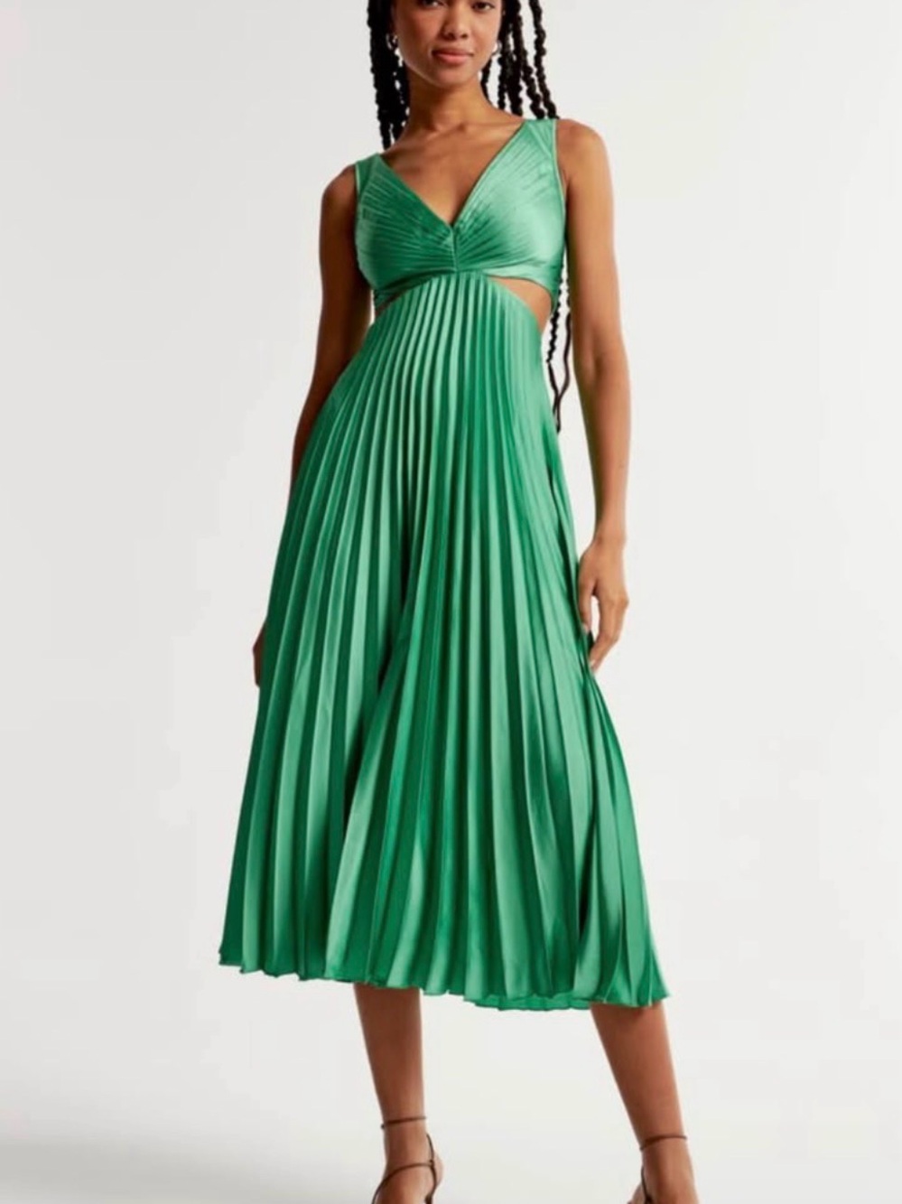 Abercrombie & Fitch Emerald Green Pleated Midi Dress with Side Cutout